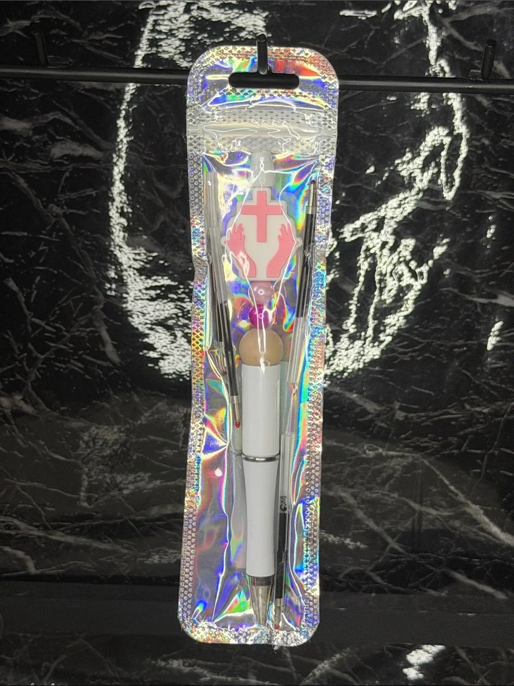 Pink Cross Focal Bead Pen  Black and blue ink